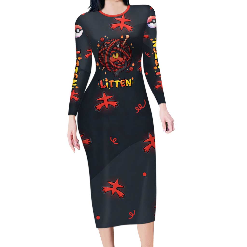 Litten Long Sleeve Bodycon Dress Playful Ember Cartoon Art