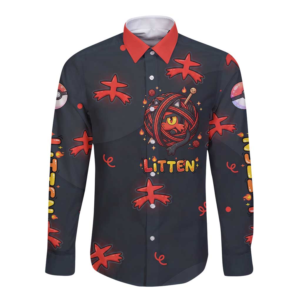 Litten Long Sleeve Button Shirt Playful Ember Cartoon Art