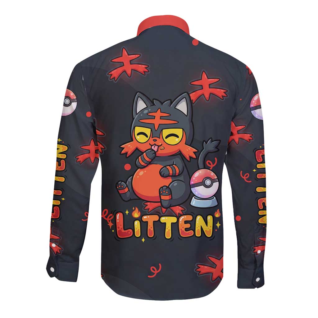 Litten Long Sleeve Button Shirt Playful Ember Cartoon Art