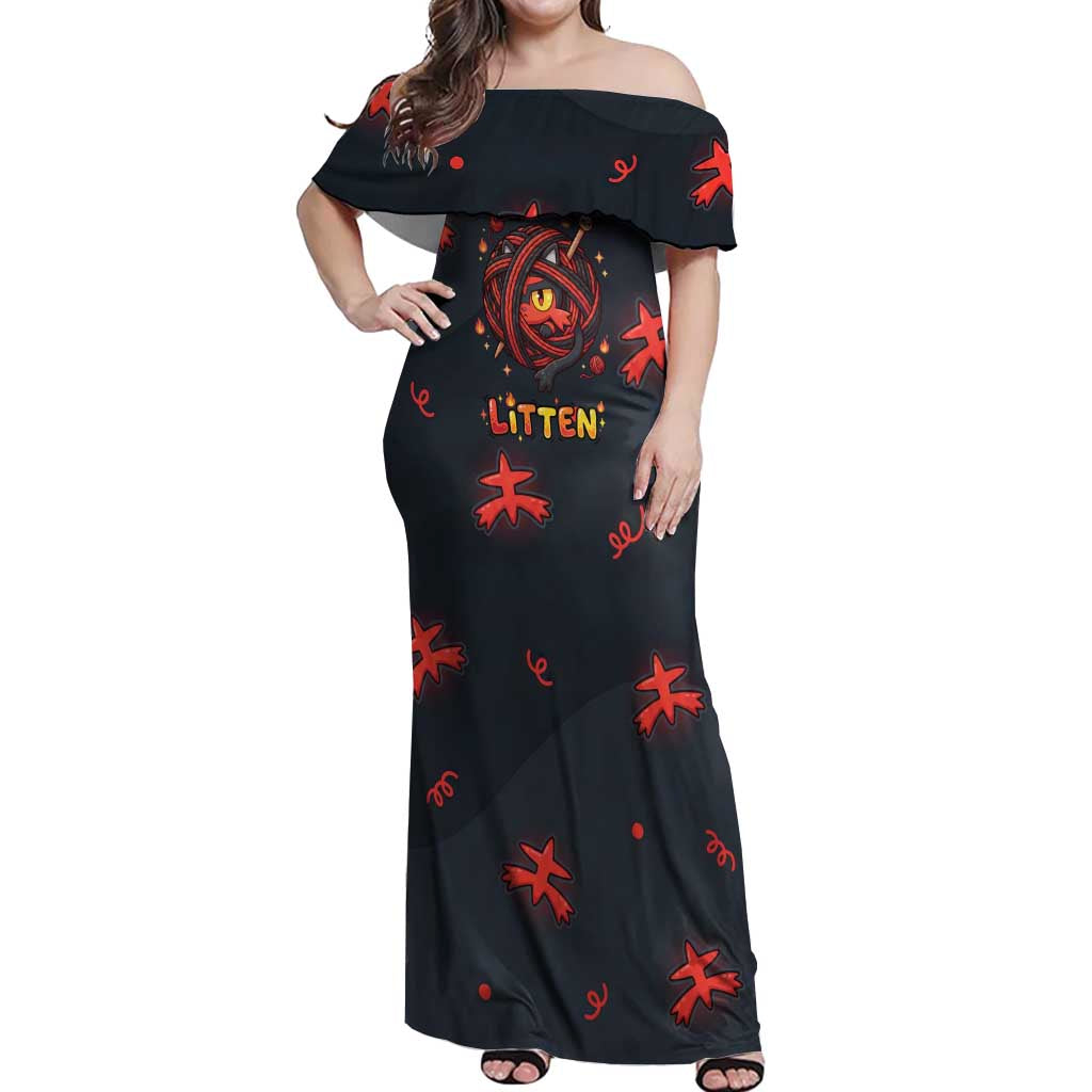 Litten Off Shoulder Maxi Dress Playful Ember Cartoon Art