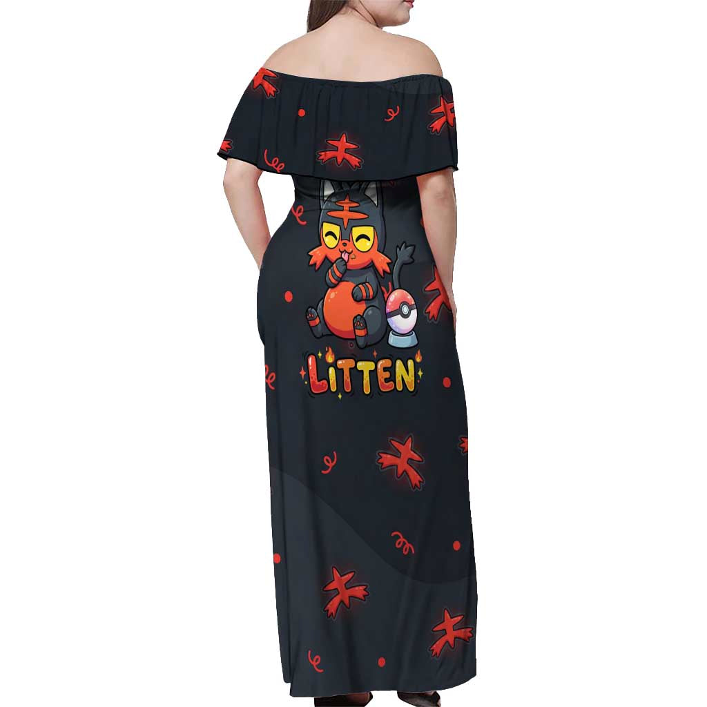 Litten Off Shoulder Maxi Dress Playful Ember Cartoon Art