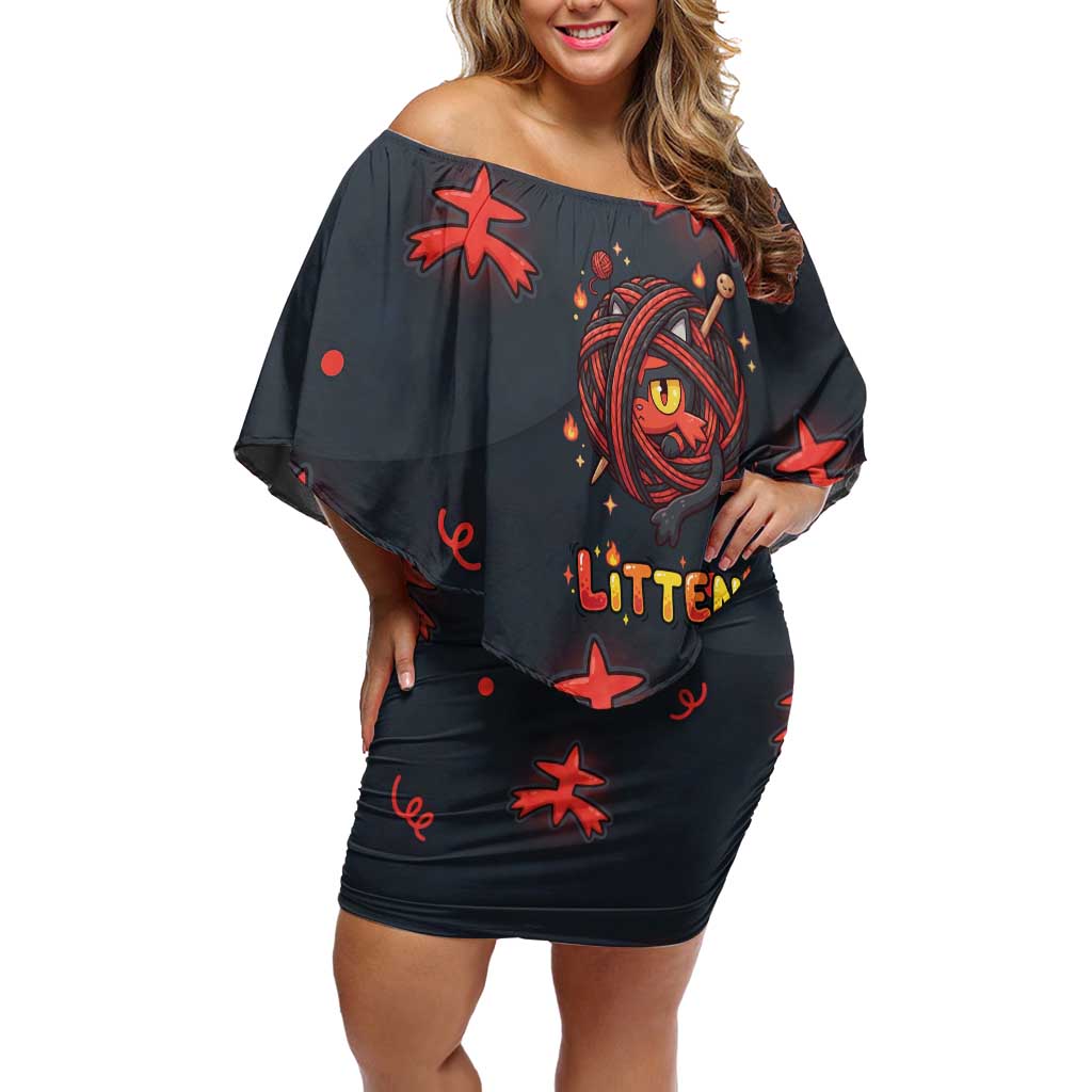 Litten Off Shoulder Short Dress Playful Ember Cartoon Art
