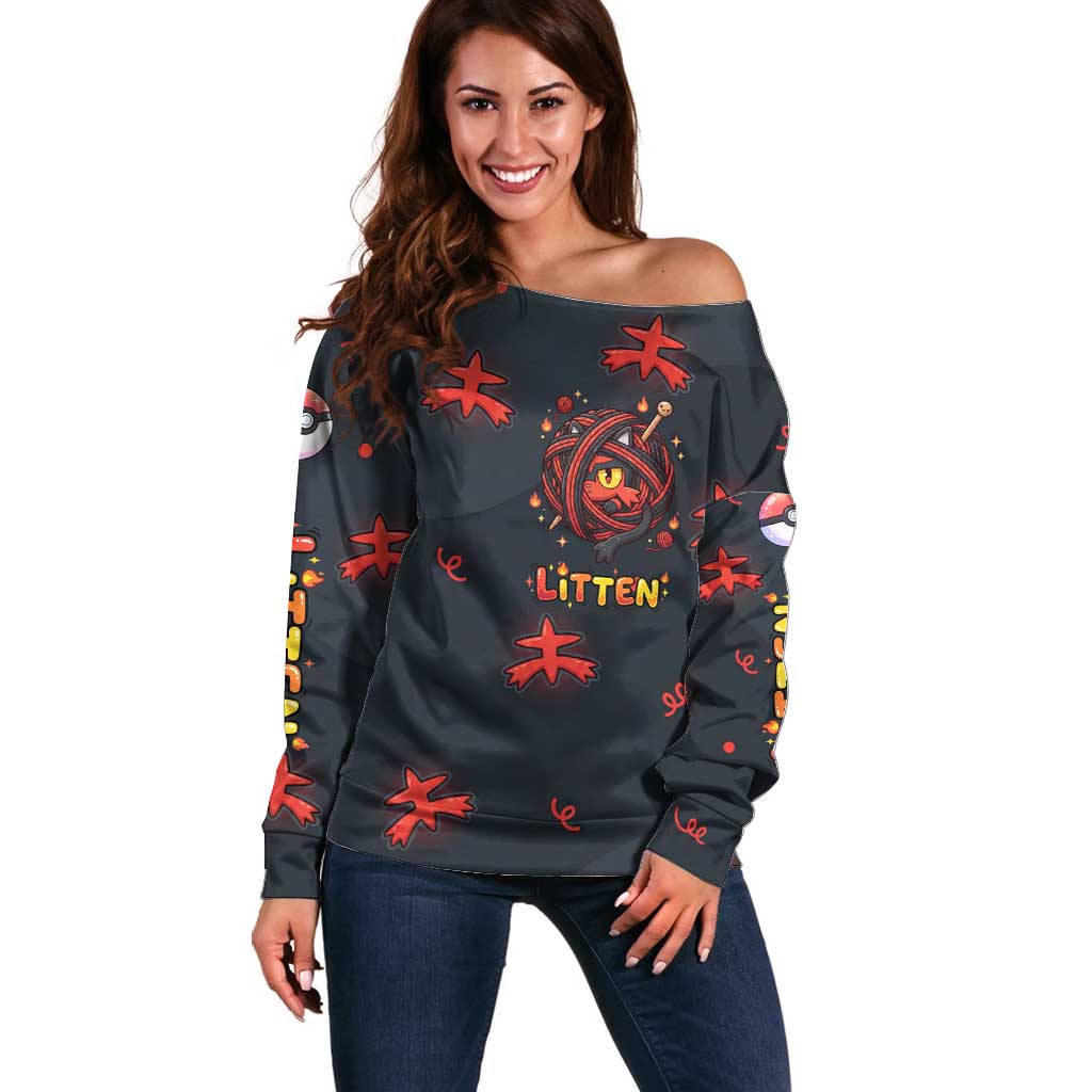 Litten Off Shoulder Sweater Playful Ember Cartoon Art