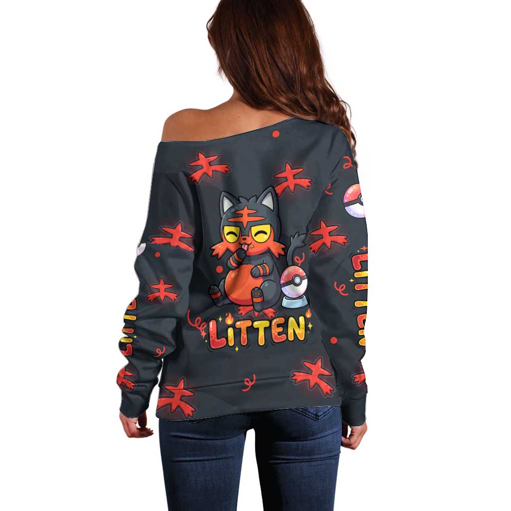 Litten Off Shoulder Sweater Playful Ember Cartoon Art