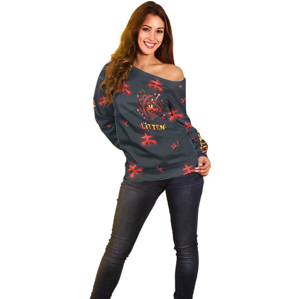 Litten Off Shoulder Sweater Playful Ember Cartoon Art