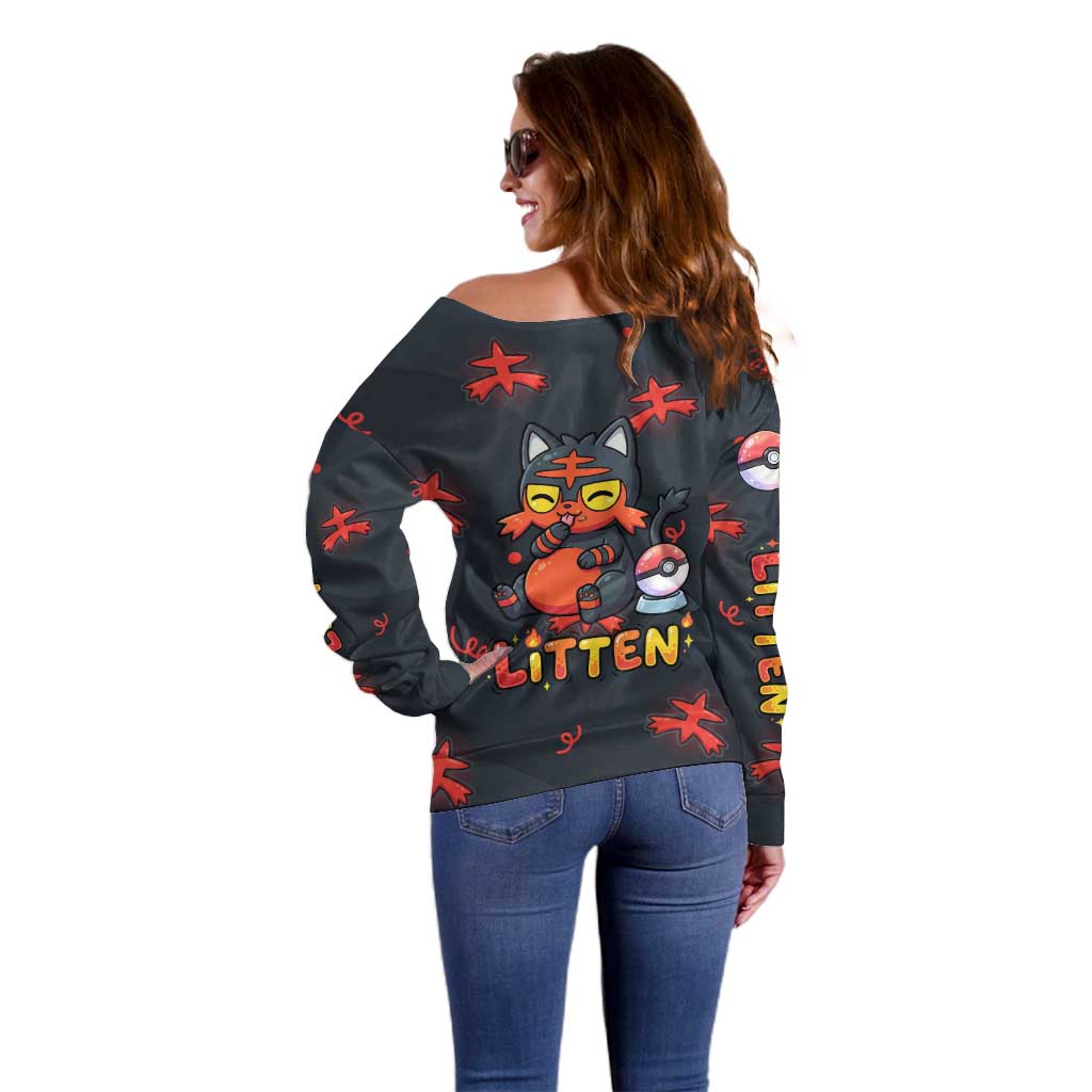 Litten Off Shoulder Sweater Playful Ember Cartoon Art