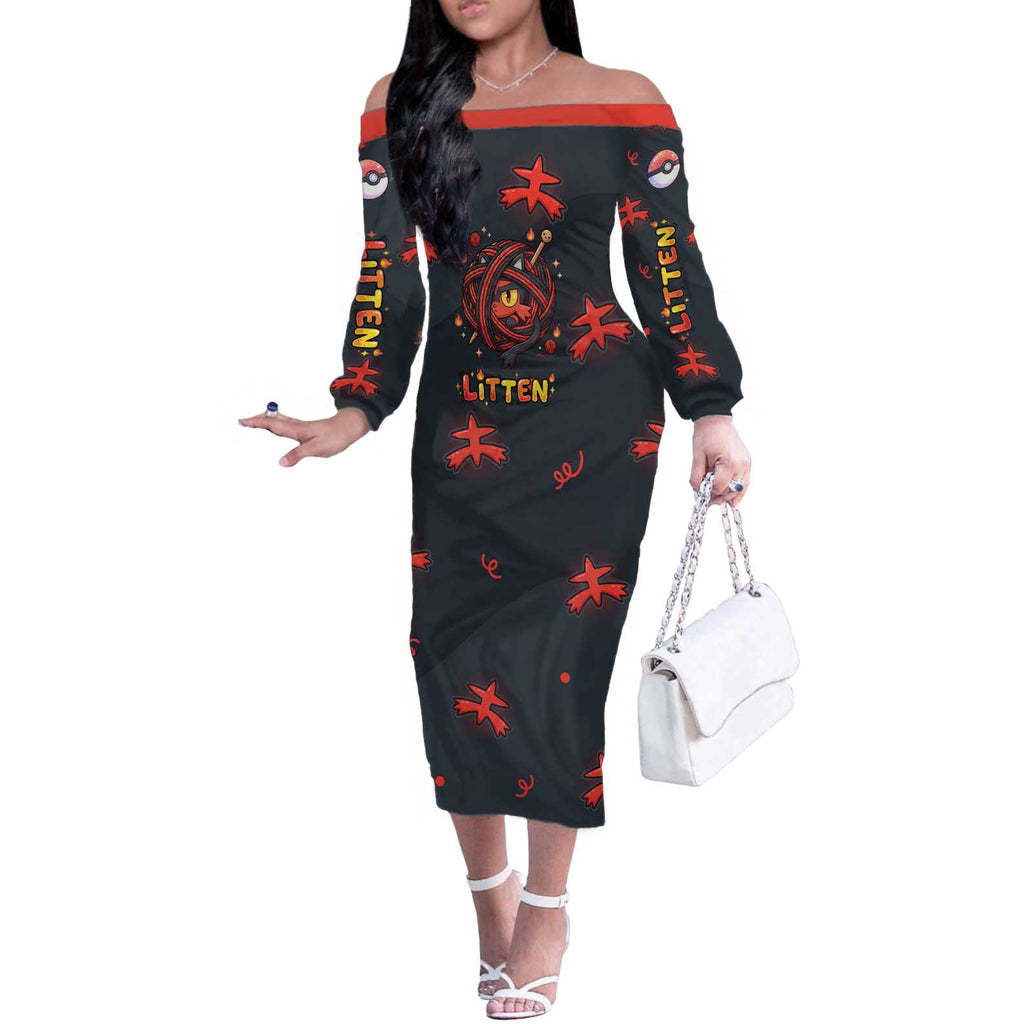 Litten Off The Shoulder Long Sleeve Dress Playful Ember Cartoon Art