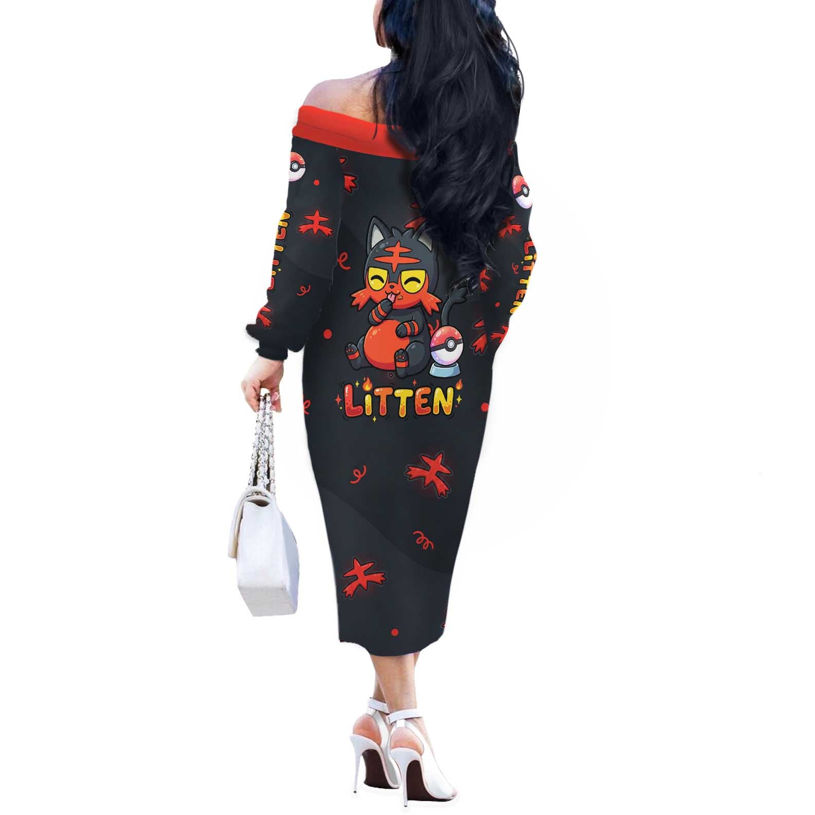 Litten Off The Shoulder Long Sleeve Dress Playful Ember Cartoon Art