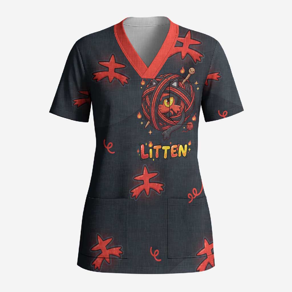 Litten Scrub Top Playful Ember Cartoon Art