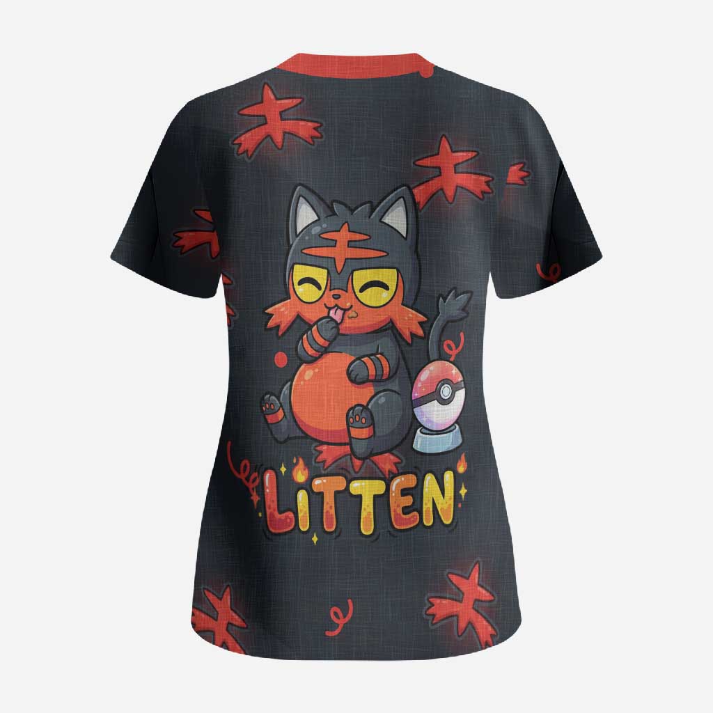Litten Scrub Top Playful Ember Cartoon Art