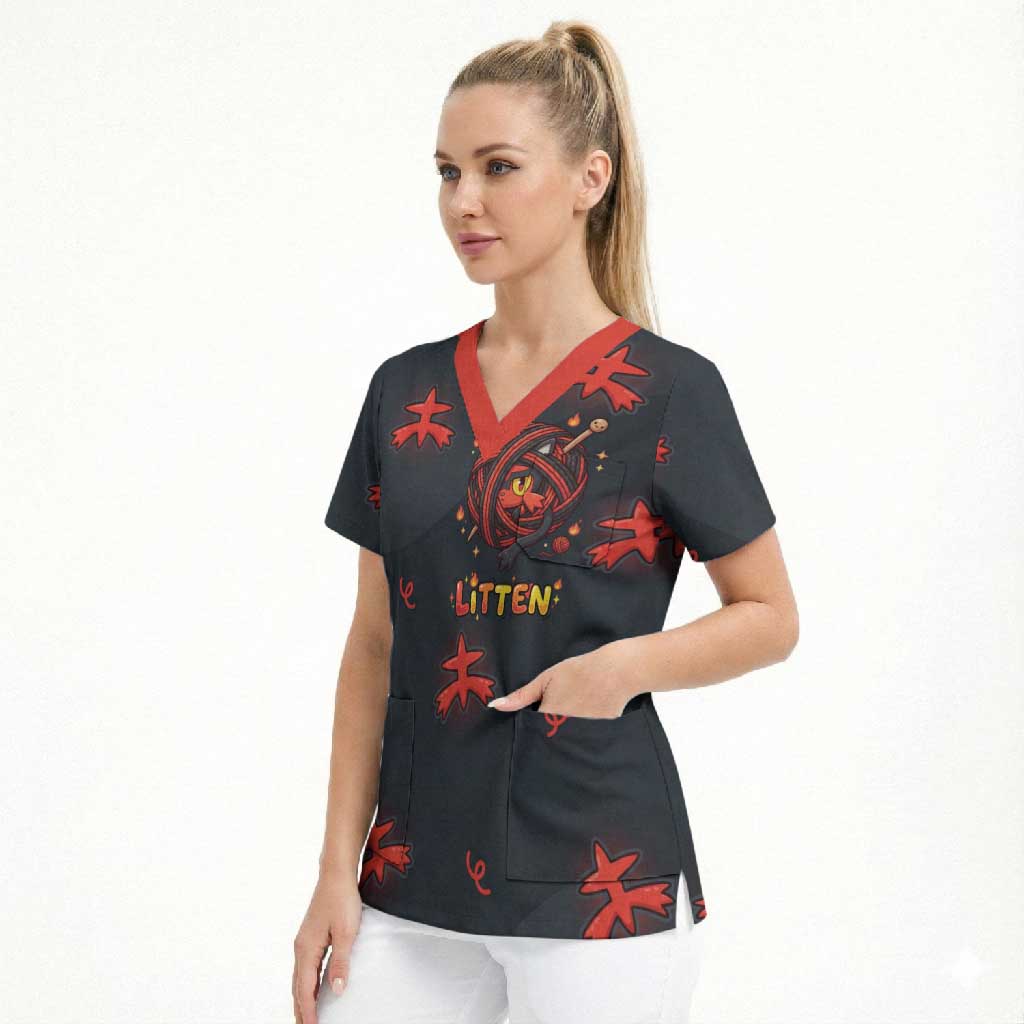 Litten Scrub Top Playful Ember Cartoon Art