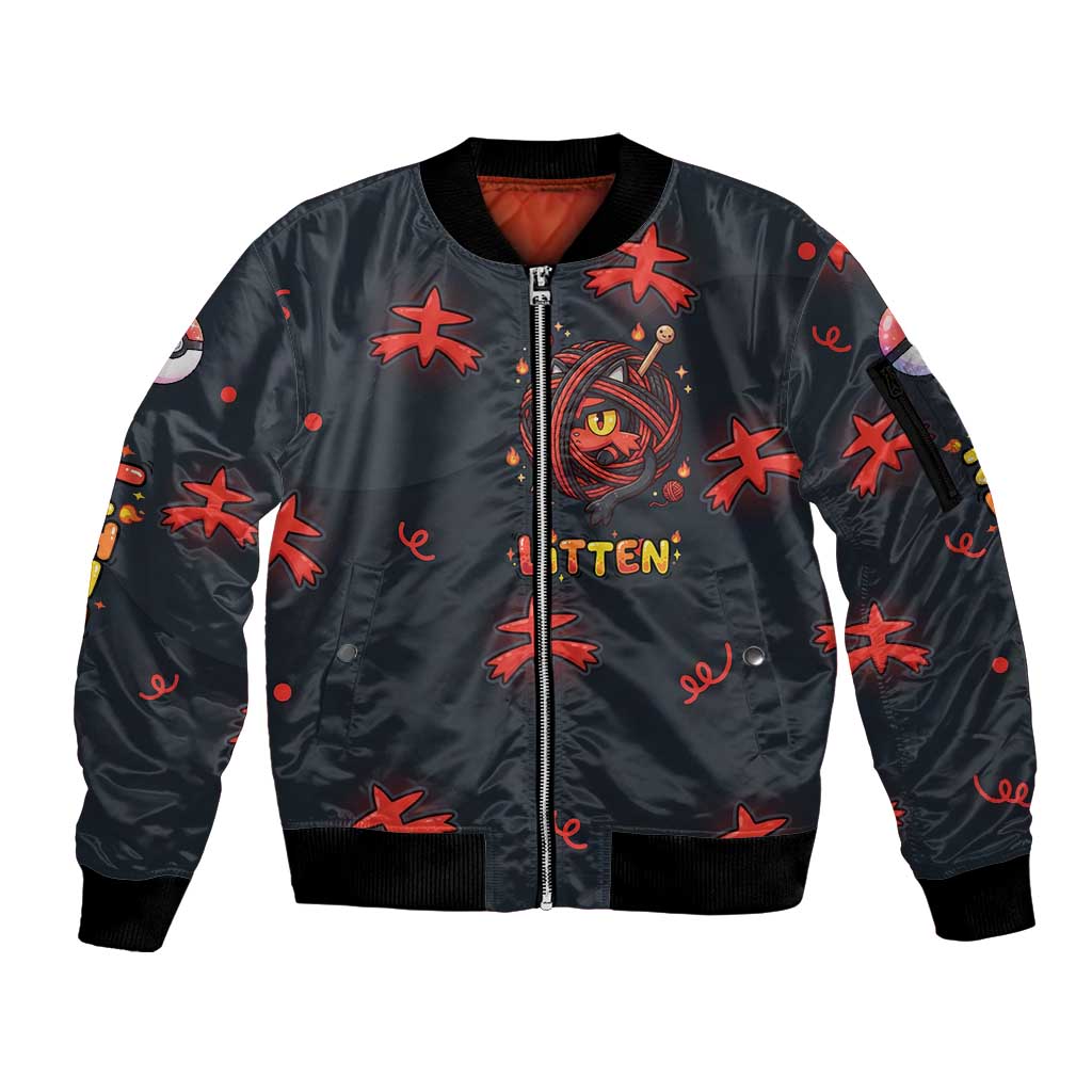 Litten Sleeve Zip Bomber Jacket Playful Ember Cartoon Art