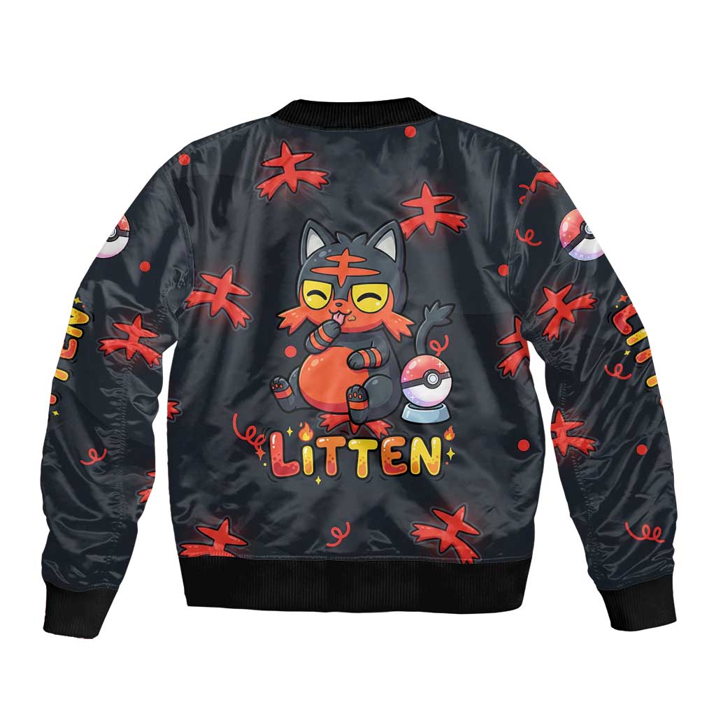 Litten Sleeve Zip Bomber Jacket Playful Ember Cartoon Art