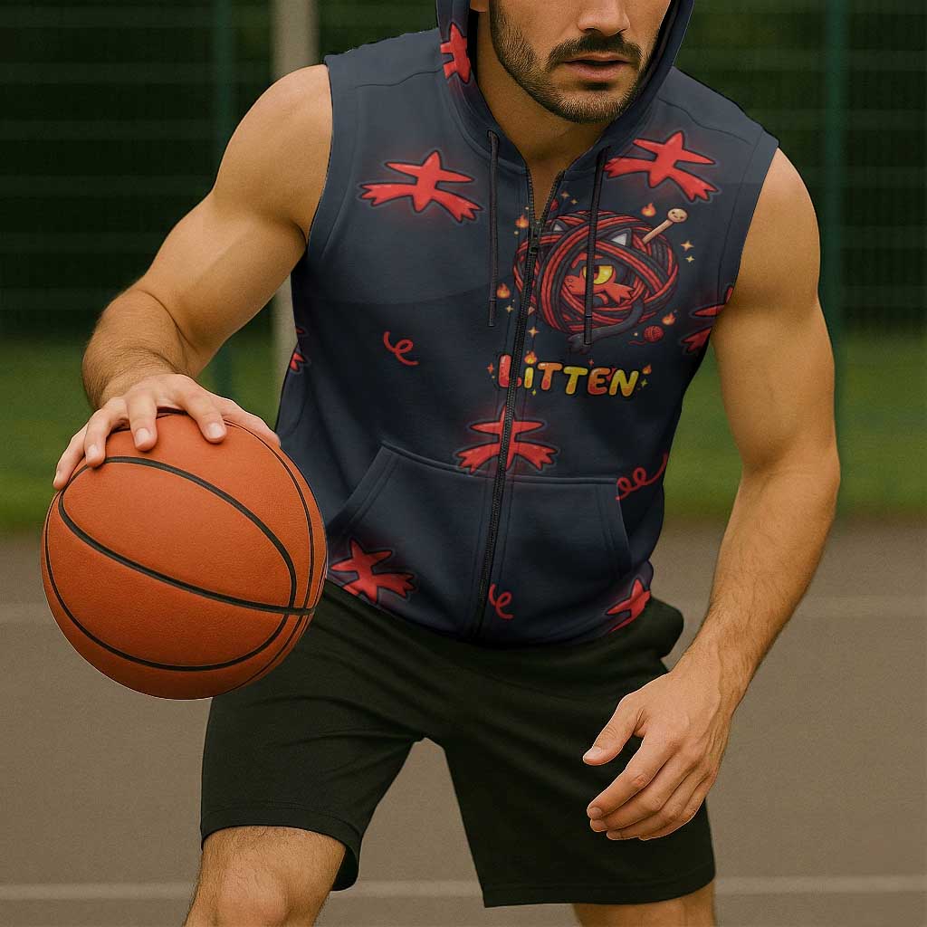 Litten Sleeveless Zip Hoodie Playful Ember Cartoon Art