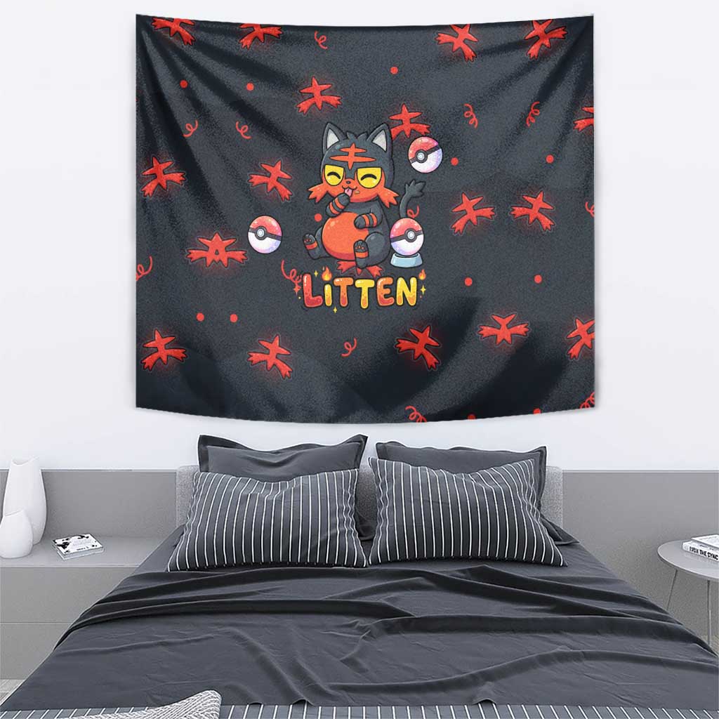 Litten Tapestry Playful Ember Cartoon Art
