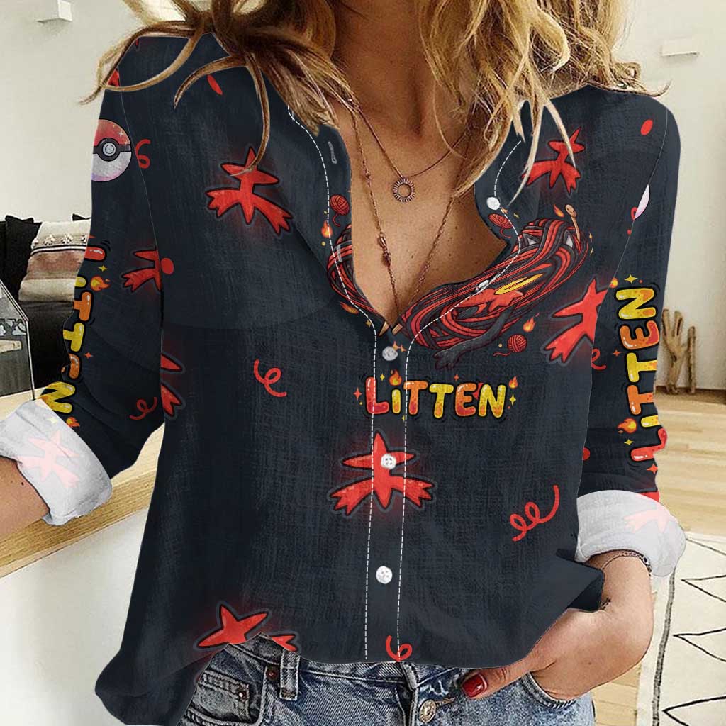 Litten Women Casual Shirt Playful Ember Cartoon Art