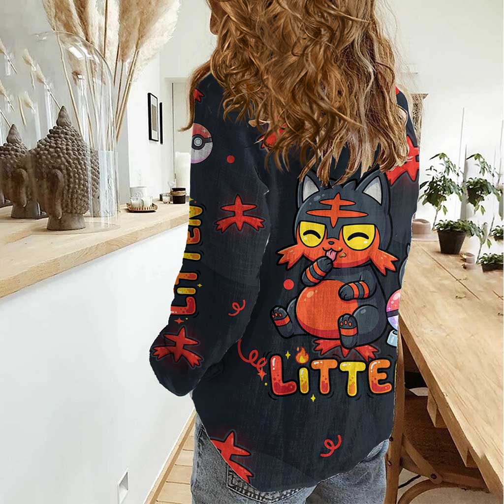 Litten Women Casual Shirt Playful Ember Cartoon Art