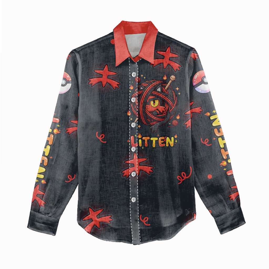 Litten Women Casual Shirt Playful Ember Cartoon Art