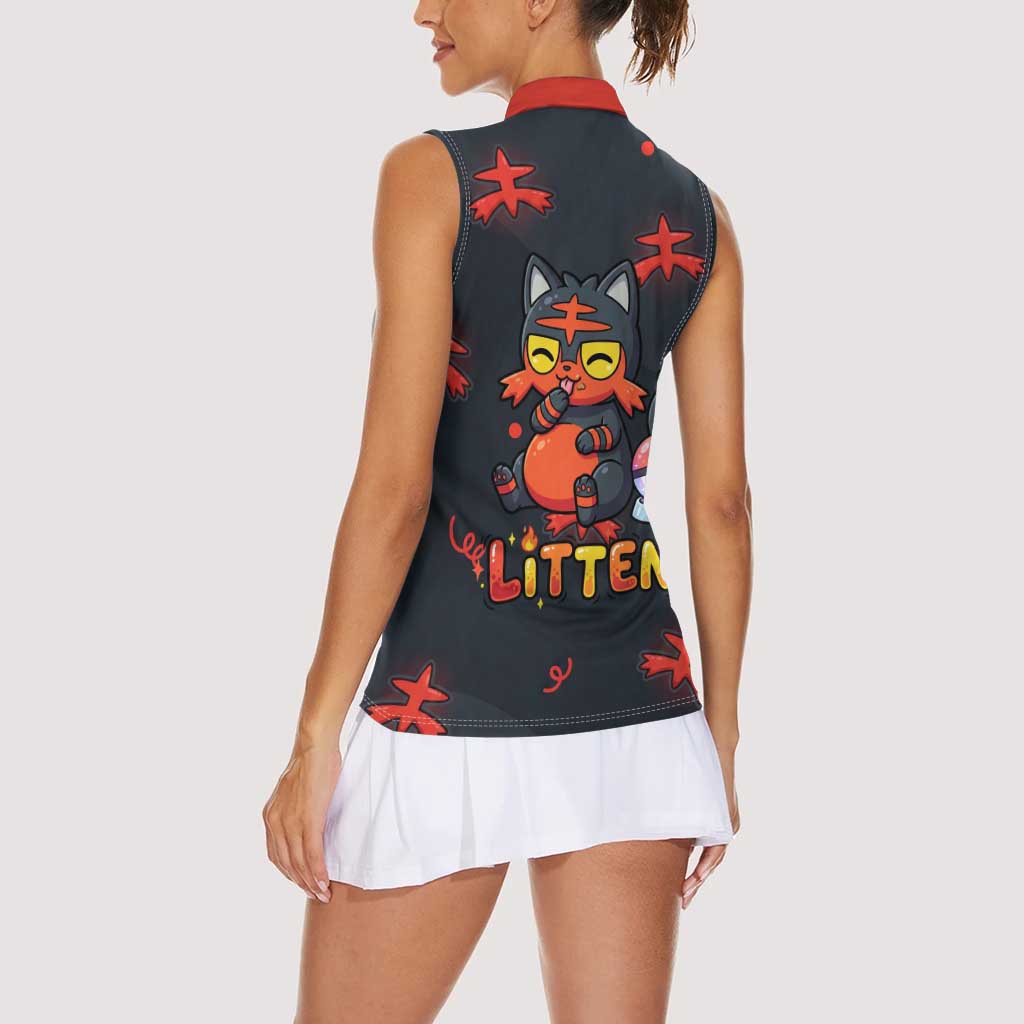 Litten Women Sleeveless Polo Shirt Playful Ember Cartoon Art