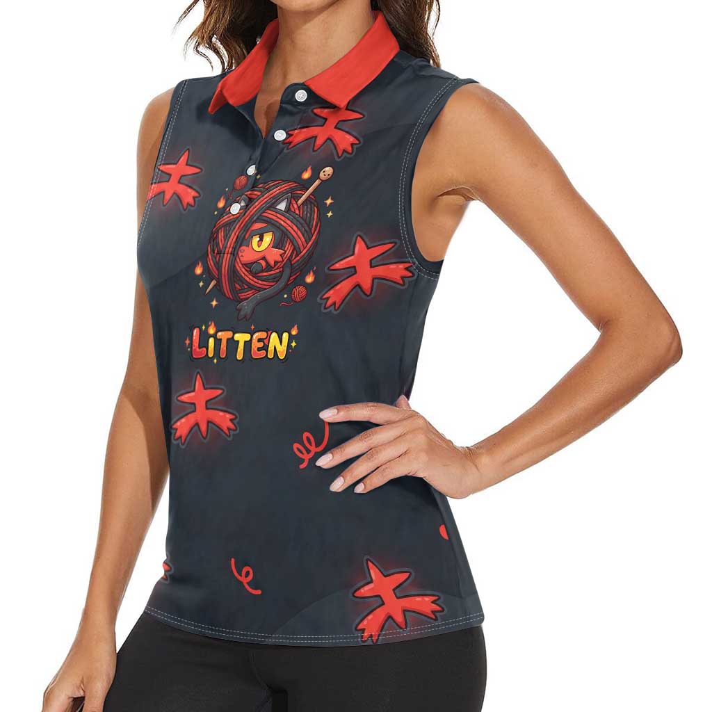 Litten Women Sleeveless Polo Shirt Playful Ember Cartoon Art