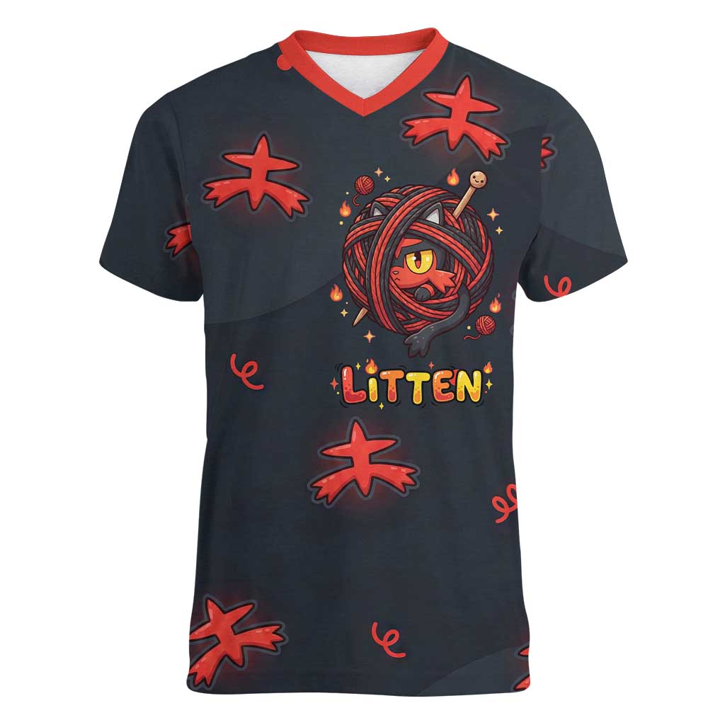 Litten Women V-Neck T-Shirt Playful Ember Cartoon Art