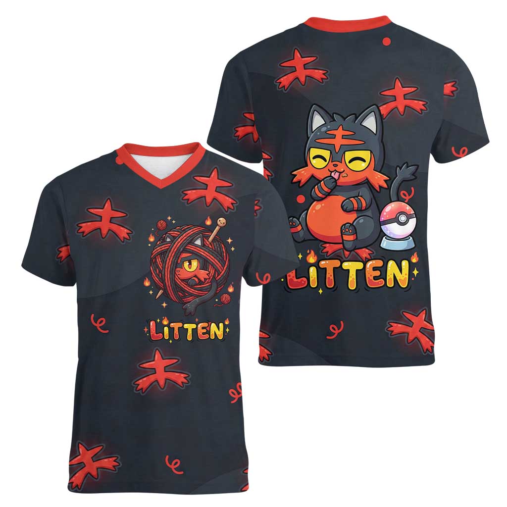 Litten Women V-Neck T-Shirt Playful Ember Cartoon Art