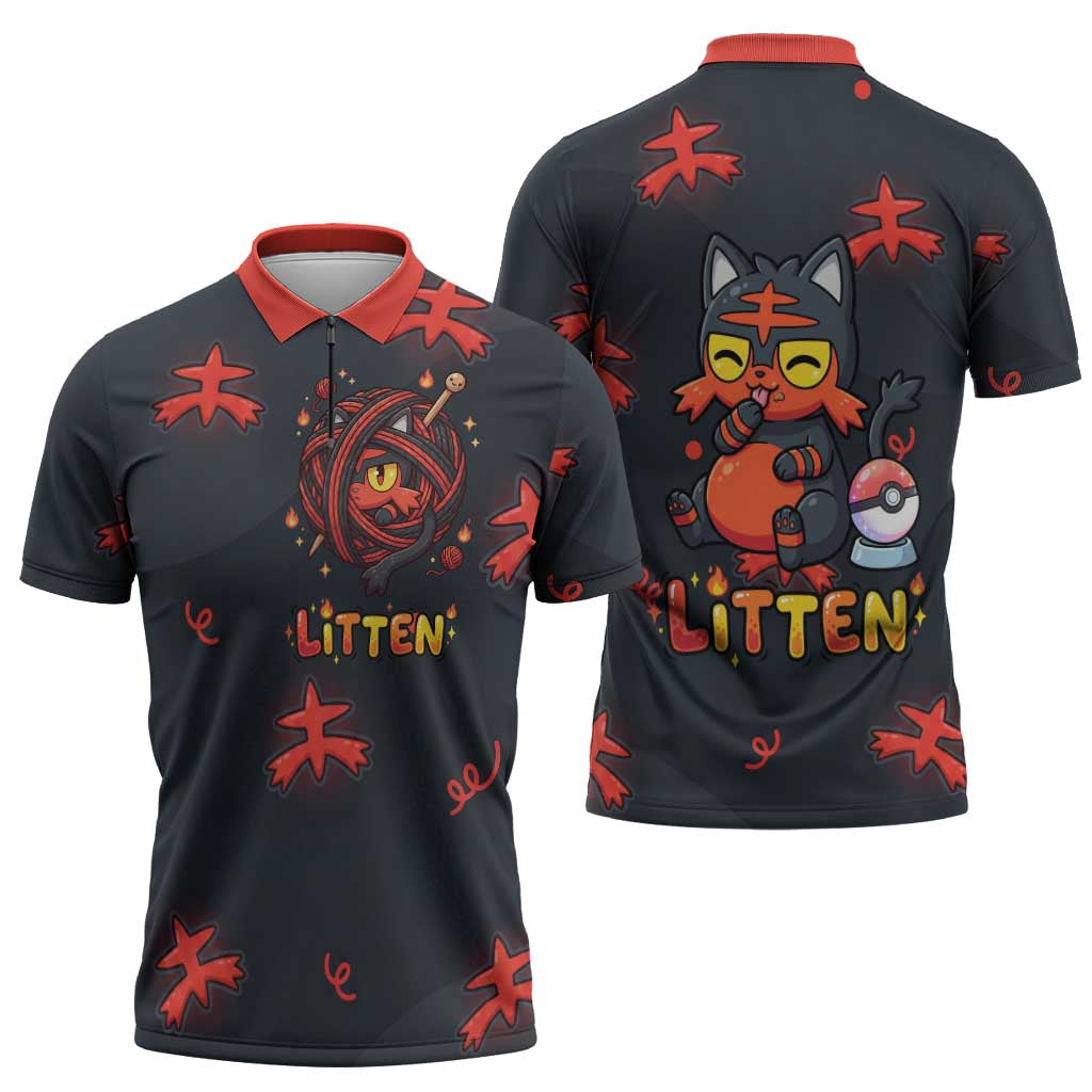 Litten Zipper Polo Shirt Playful Ember Cartoon Art