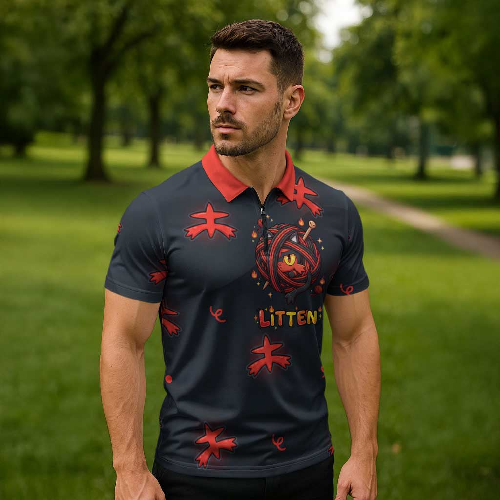 Litten Zipper Polo Shirt Playful Ember Cartoon Art