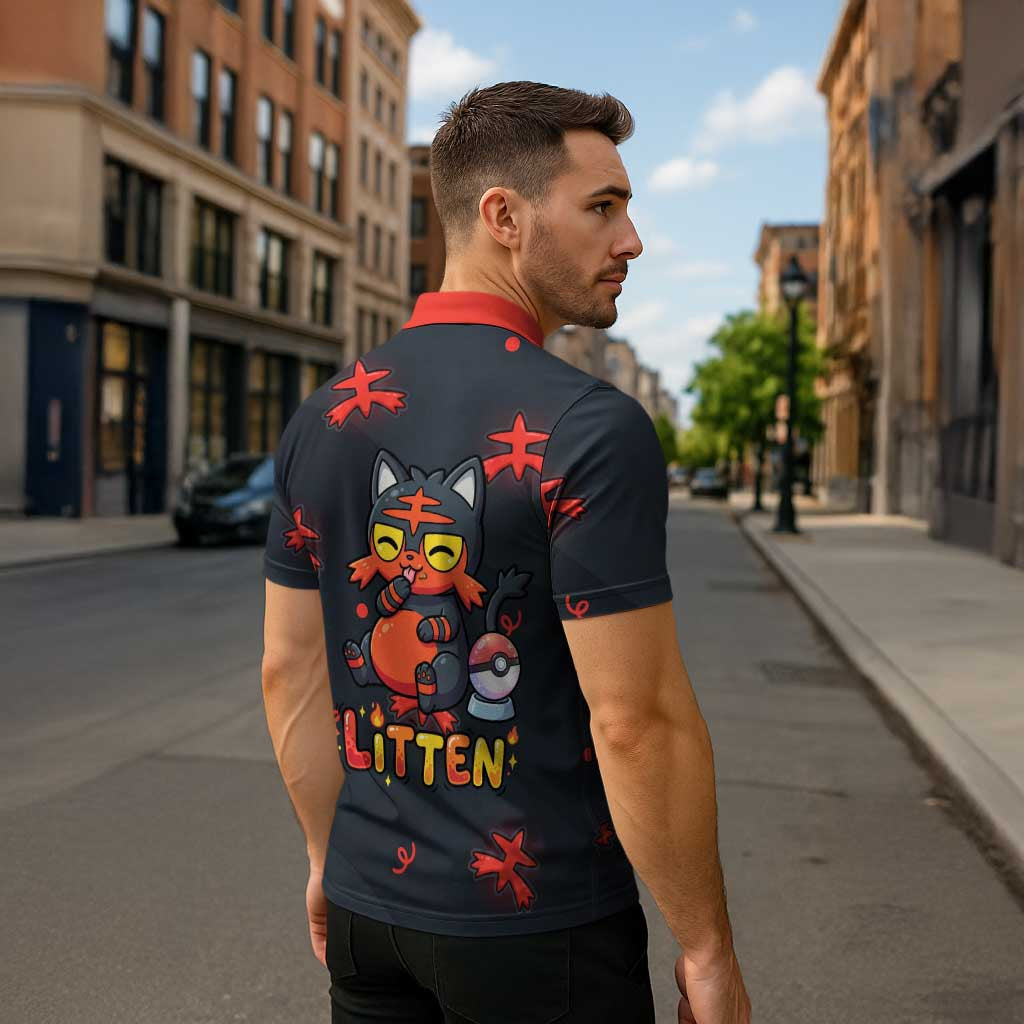 Litten Zipper Polo Shirt Playful Ember Cartoon Art