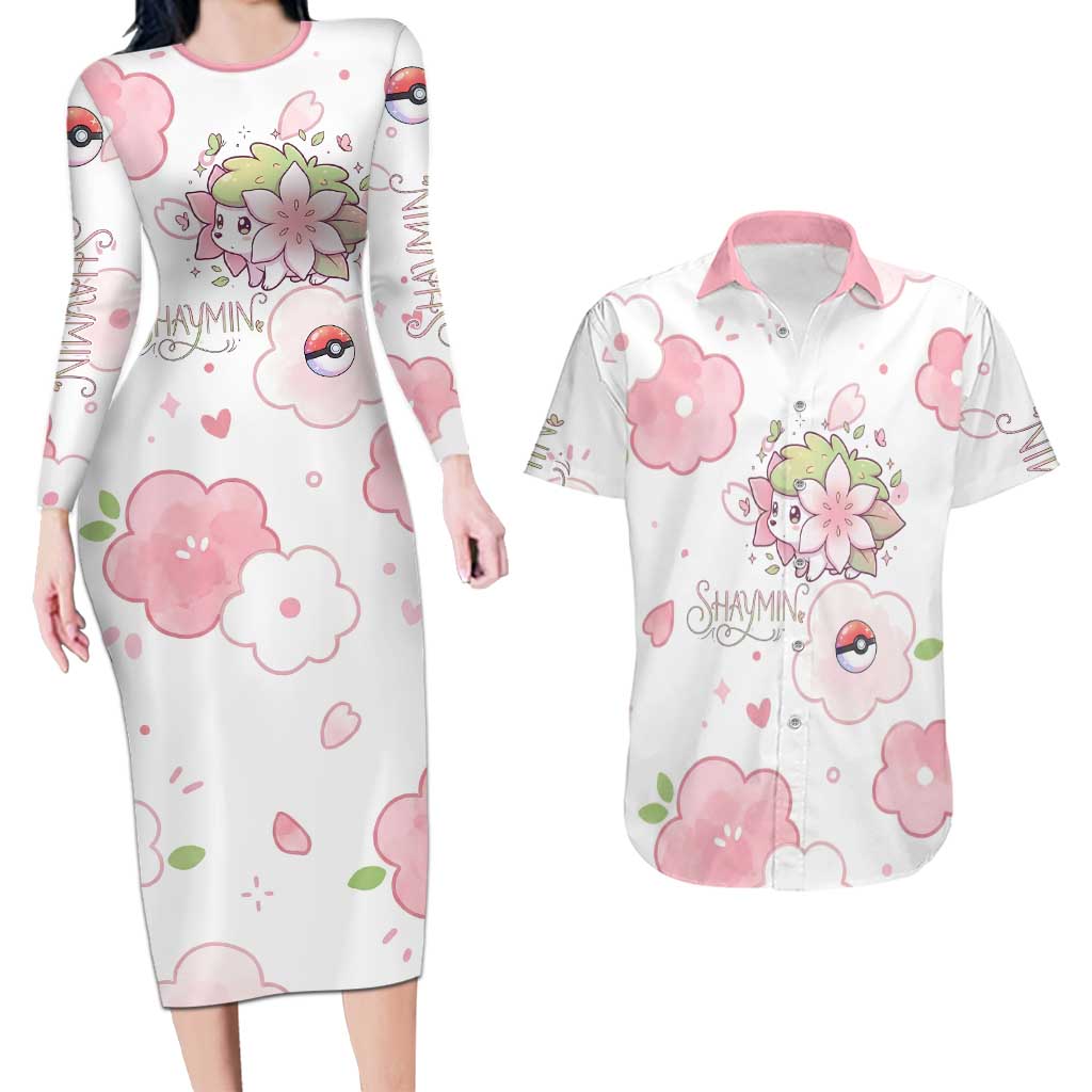 Shaymin Couples Matching Long Sleeve Bodycon Dress and Hawaiian Shirt Floral Pastel Blossom Art