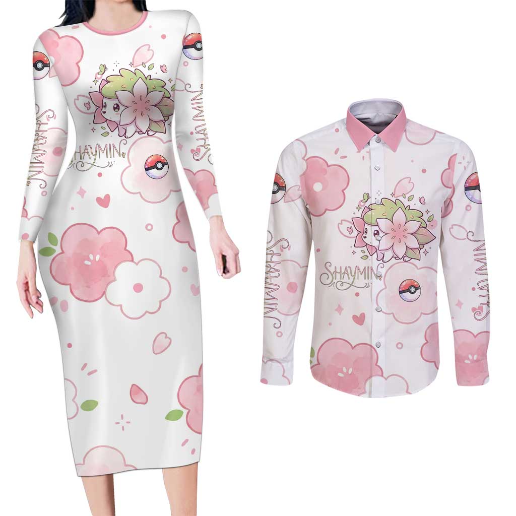Shaymin Couples Matching Long Sleeve Bodycon Dress and Long Sleeve Button Shirt Floral Pastel Blossom Art