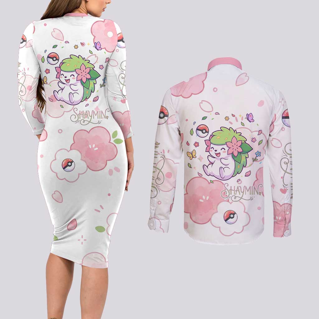 Shaymin Couples Matching Long Sleeve Bodycon Dress and Long Sleeve Button Shirt Floral Pastel Blossom Art