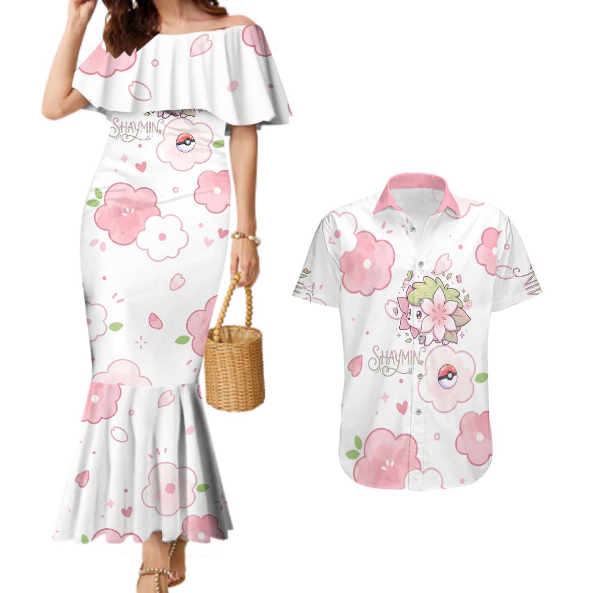 Shaymin Couples Matching Mermaid Dress and Hawaiian Shirt Floral Pastel Blossom Art