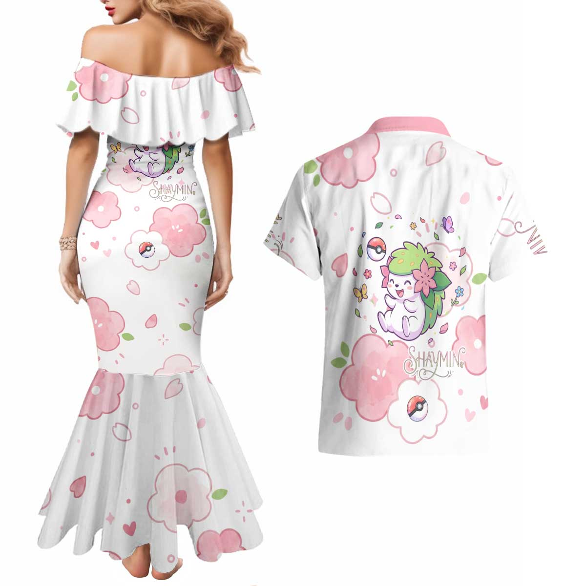 Shaymin Couples Matching Mermaid Dress and Hawaiian Shirt Floral Pastel Blossom Art