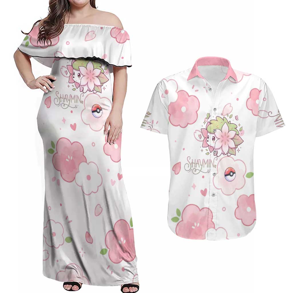Shaymin Couples Matching Off Shoulder Maxi Dress and Hawaiian Shirt Floral Pastel Blossom Art