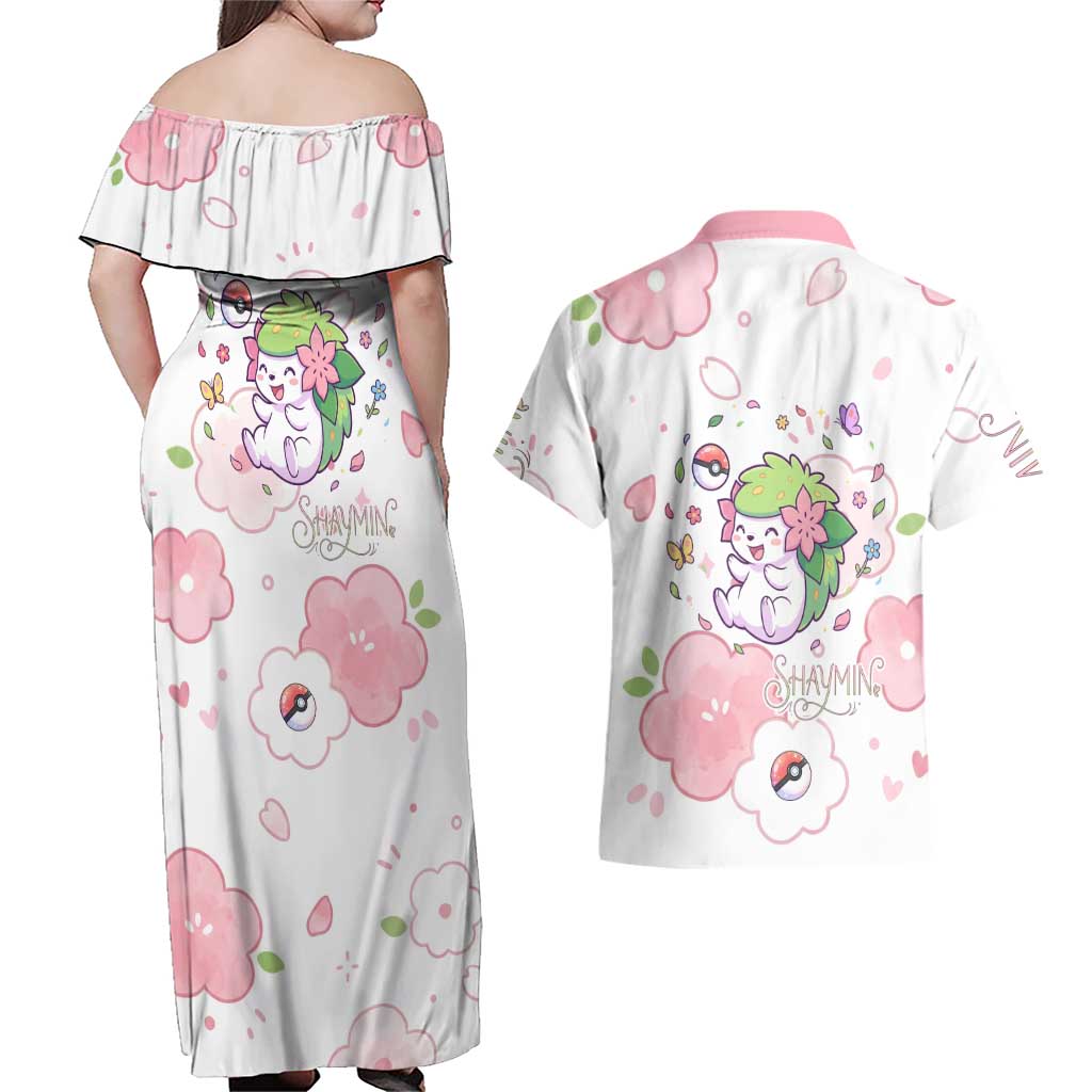 Shaymin Couples Matching Off Shoulder Maxi Dress and Hawaiian Shirt Floral Pastel Blossom Art