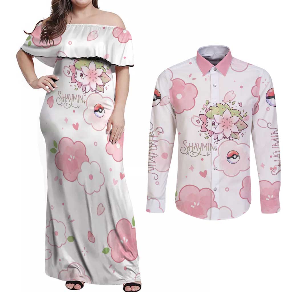 Shaymin Couples Matching Off Shoulder Maxi Dress and Long Sleeve Button Shirt Floral Pastel Blossom Art