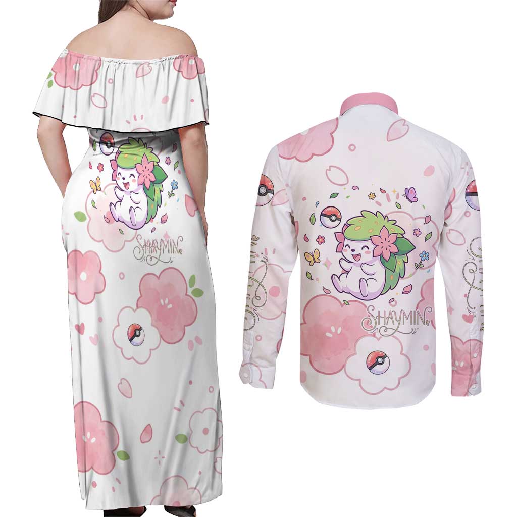 Shaymin Couples Matching Off Shoulder Maxi Dress and Long Sleeve Button Shirt Floral Pastel Blossom Art