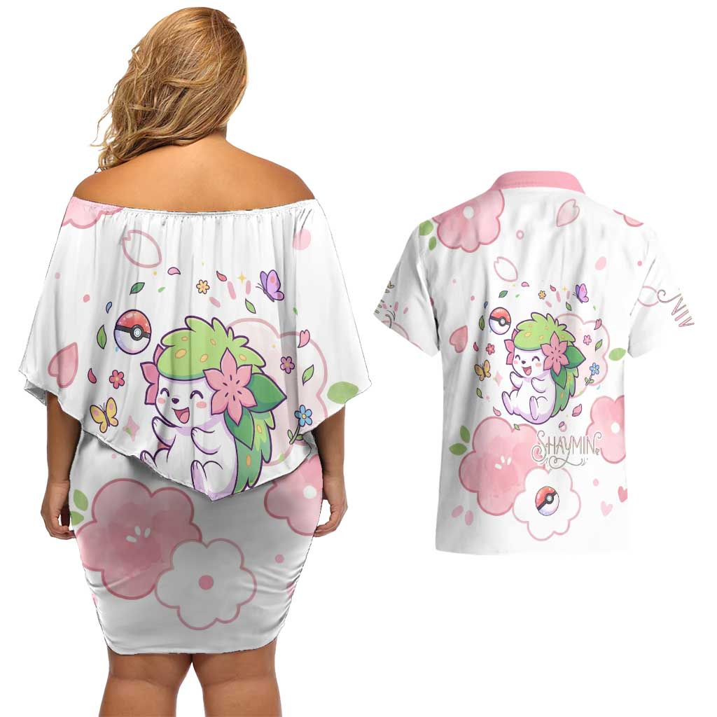 Shaymin Couples Matching Off Shoulder Short Dress and Hawaiian Shirt Floral Pastel Blossom Art
