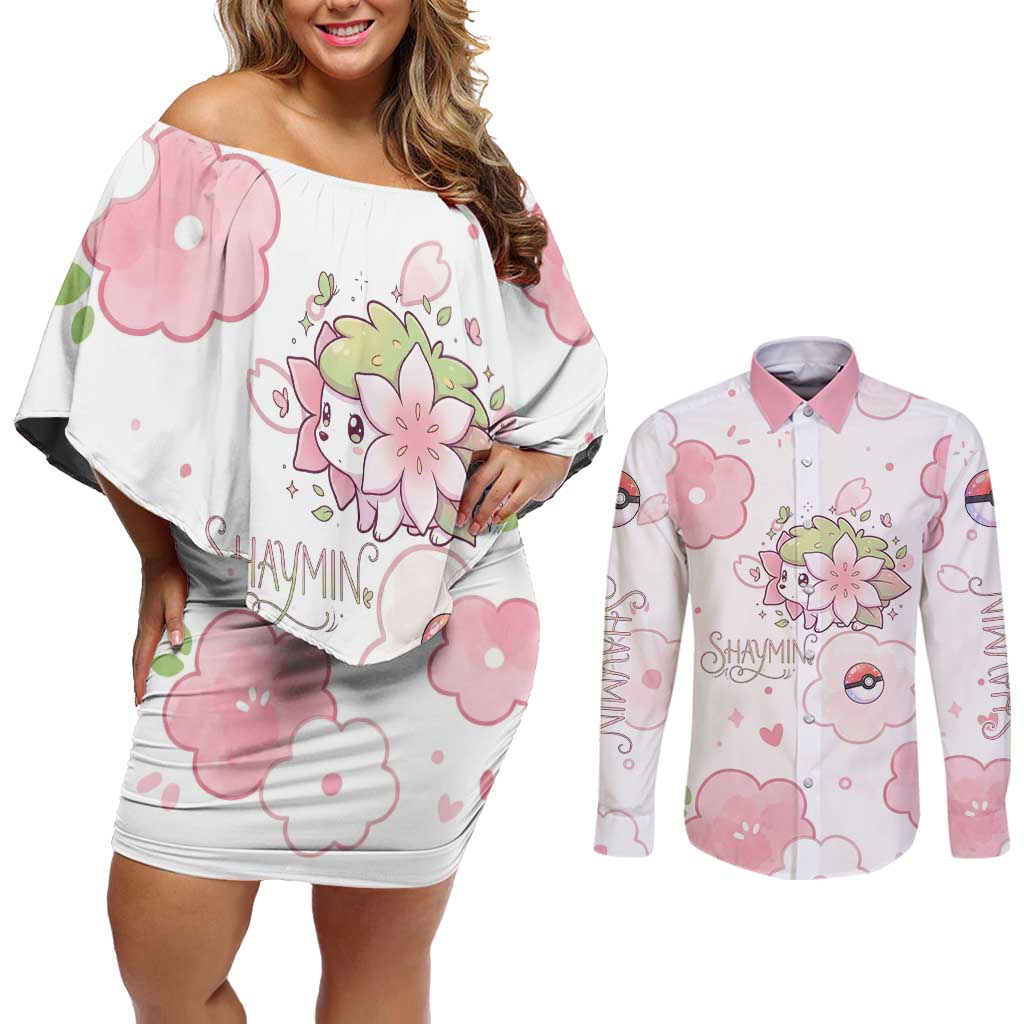 Shaymin Couples Matching Off Shoulder Short Dress and Long Sleeve Button Shirt Floral Pastel Blossom Art