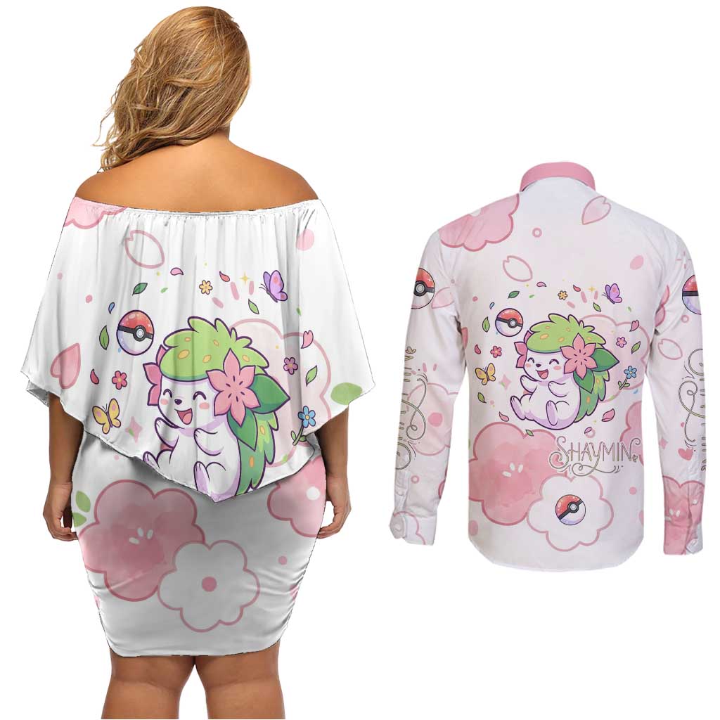 Shaymin Couples Matching Off Shoulder Short Dress and Long Sleeve Button Shirt Floral Pastel Blossom Art