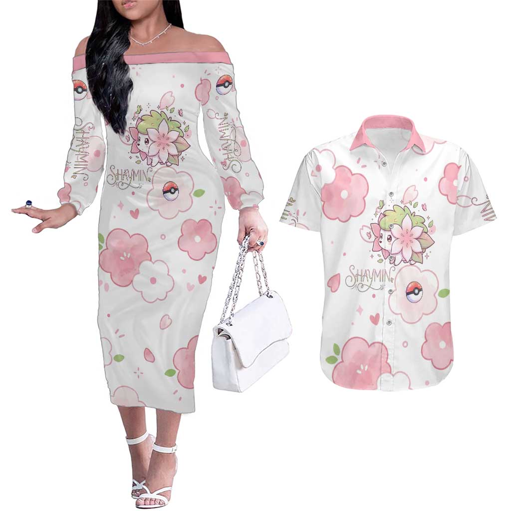 Shaymin Couples Matching Off The Shoulder Long Sleeve Dress and Hawaiian Shirt Floral Pastel Blossom Art