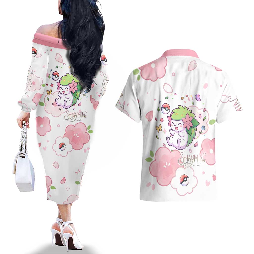 Shaymin Couples Matching Off The Shoulder Long Sleeve Dress and Hawaiian Shirt Floral Pastel Blossom Art