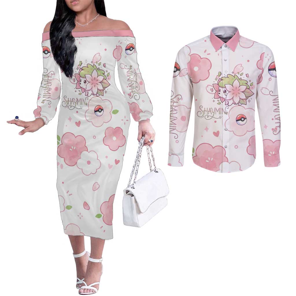 Shaymin Couples Matching Off The Shoulder Long Sleeve Dress and Long Sleeve Button Shirt Floral Pastel Blossom Art