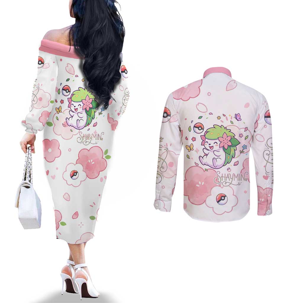 Shaymin Couples Matching Off The Shoulder Long Sleeve Dress and Long Sleeve Button Shirt Floral Pastel Blossom Art