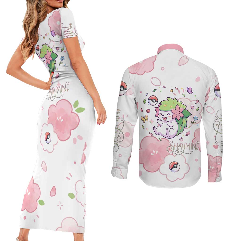 Shaymin Couples Matching Short Sleeve Bodycon Dress and Long Sleeve Button Shirt Floral Pastel Blossom Art