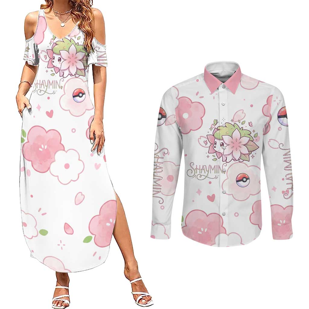 Shaymin Couples Matching Summer Maxi Dress and Long Sleeve Button Shirt Floral Pastel Blossom Art