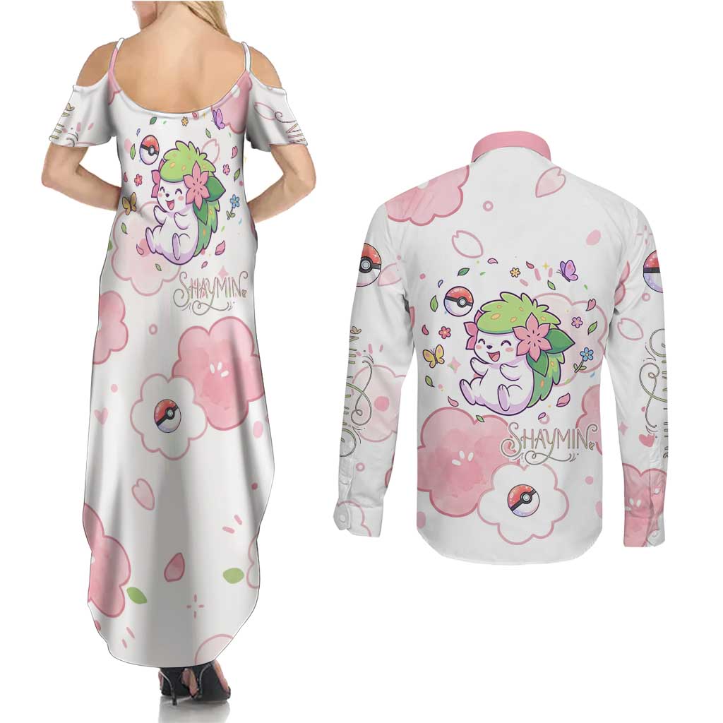 Shaymin Couples Matching Summer Maxi Dress and Long Sleeve Button Shirt Floral Pastel Blossom Art