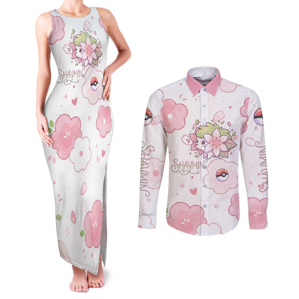 Shaymin Couples Matching Tank Maxi Dress and Long Sleeve Button Shirt Floral Pastel Blossom Art