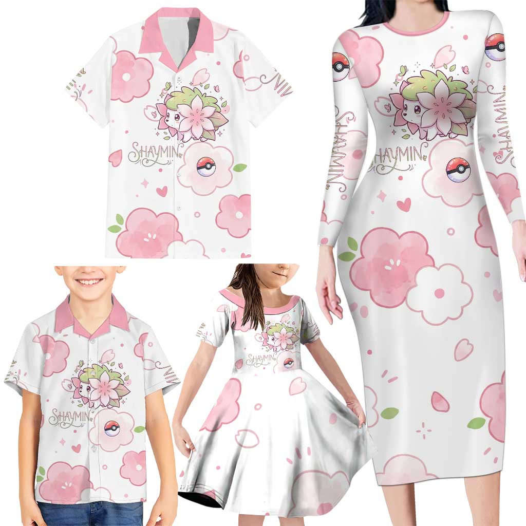 Shaymin Family Matching Long Sleeve Bodycon Dress and Hawaiian Shirt Floral Pastel Blossom Art